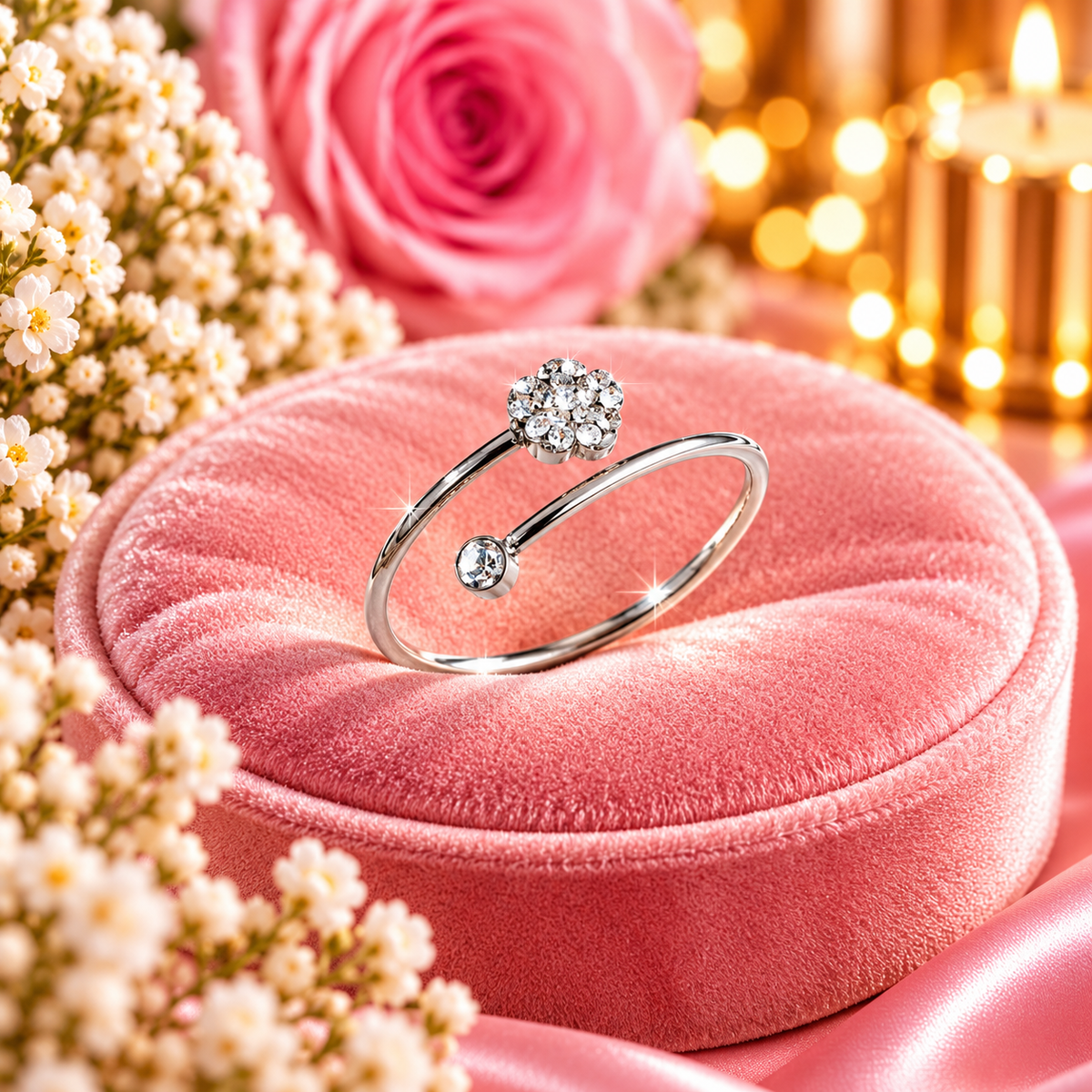 BAGUE FLEUR STRASS ARGENTEE
