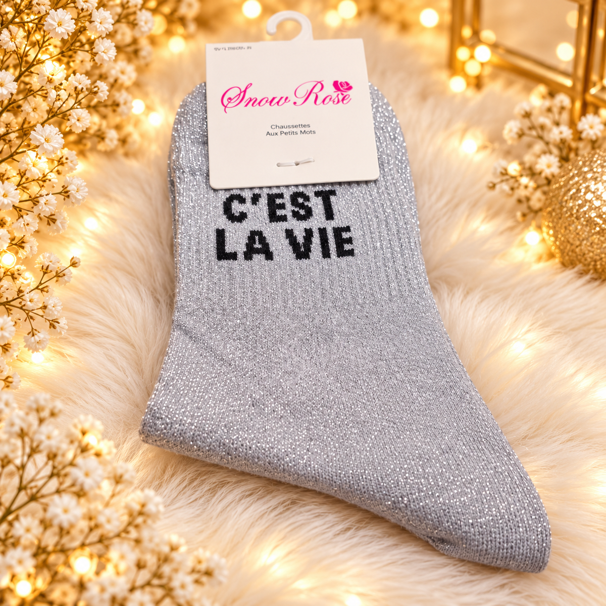 Chaussettes à paillettes “ C'EST LA VIE" GRIS CLAIR