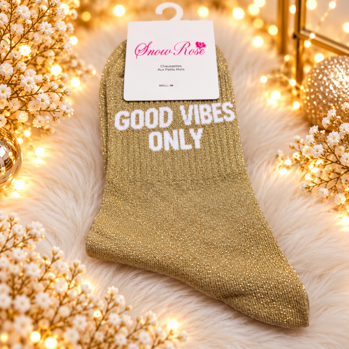Chaussettes à paillettes “ GOOD VIBES ONLY' BEIGE