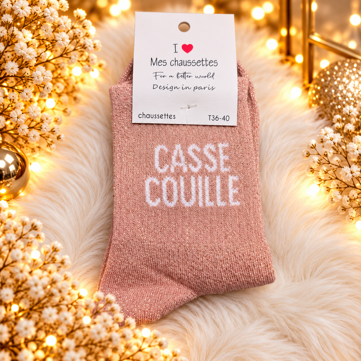 Chaussettes courtes à message " CASSE COUILLE" rose poudré