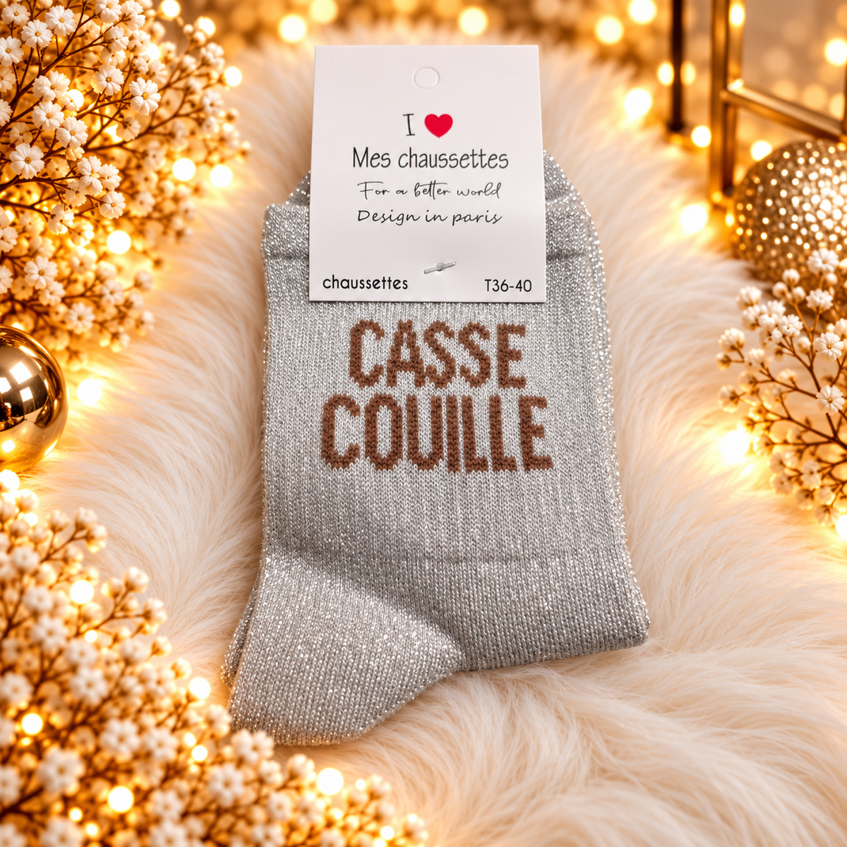 Chaussettes courtes à message " CASSE COUILLE" gris clair
