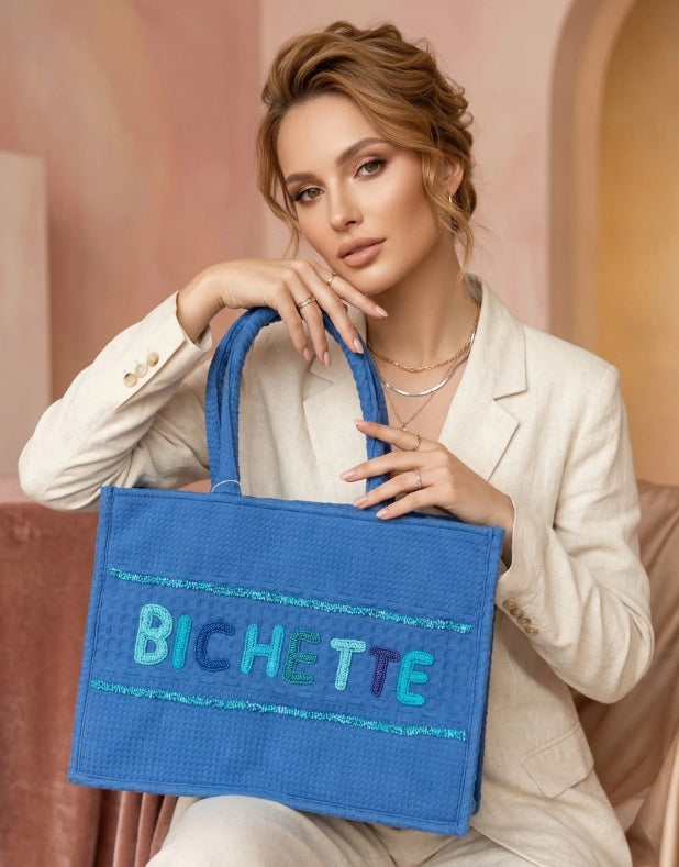 SAC CABAS BICHETTE BLEU 100% COTON