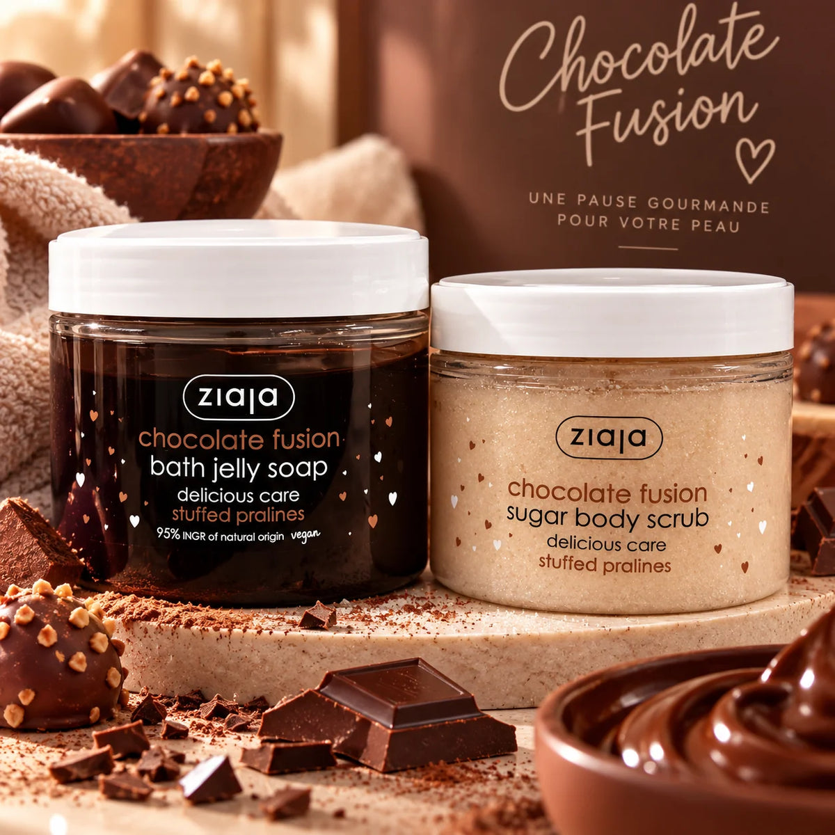GOMMAGE CORPS ET SAVON GELEE MOUSSANT PRALINE CHOCOLAT ZIAJA