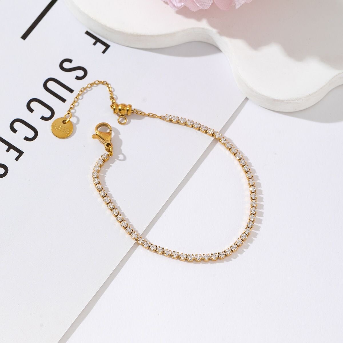 Bracelet rivière de strass en acier inoxydable doré
