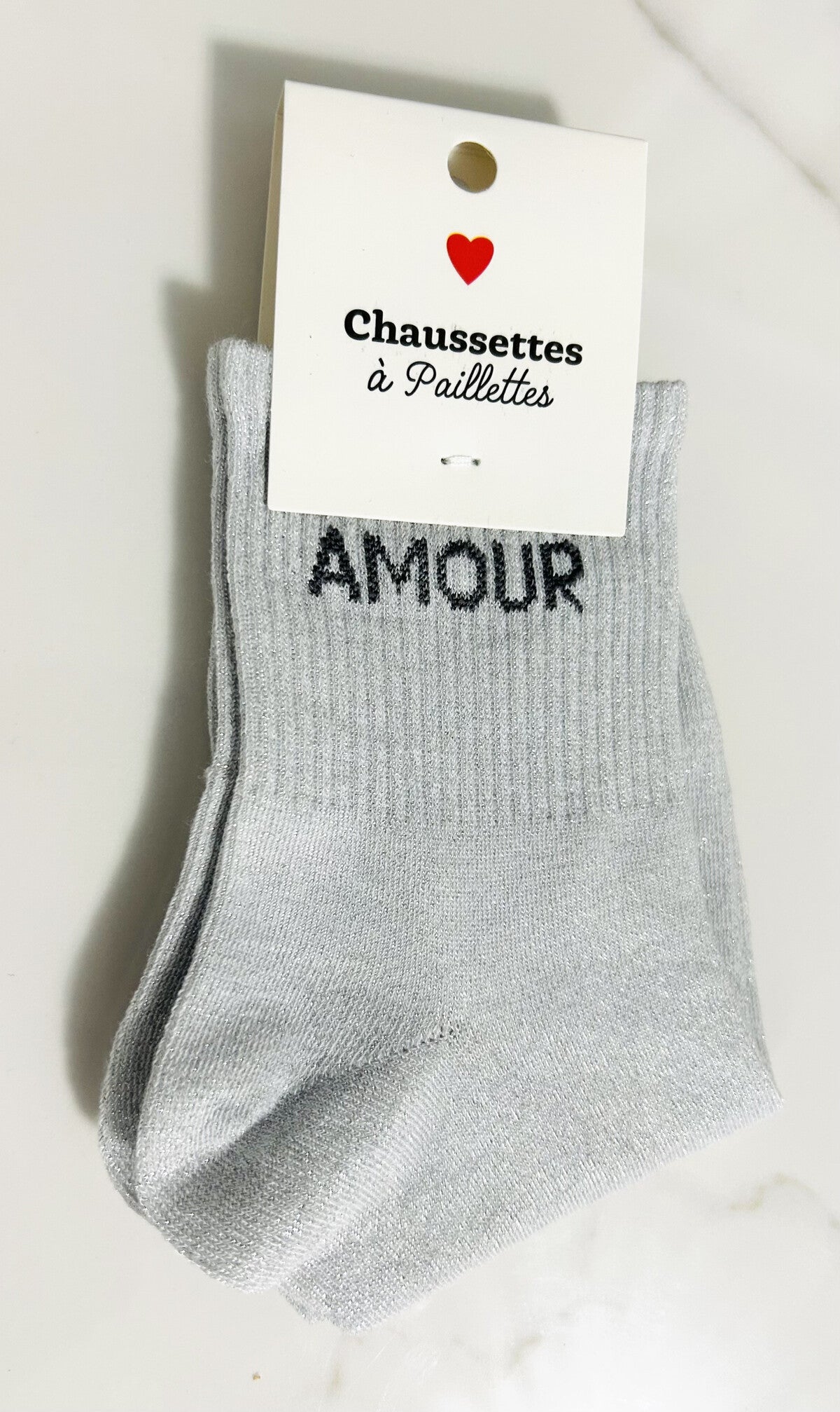 Chaussettes à paillettes “ Amour “ gris clair
