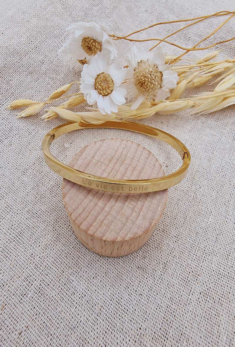 La vie est belle "Jonc en acier inoxydable à message doré