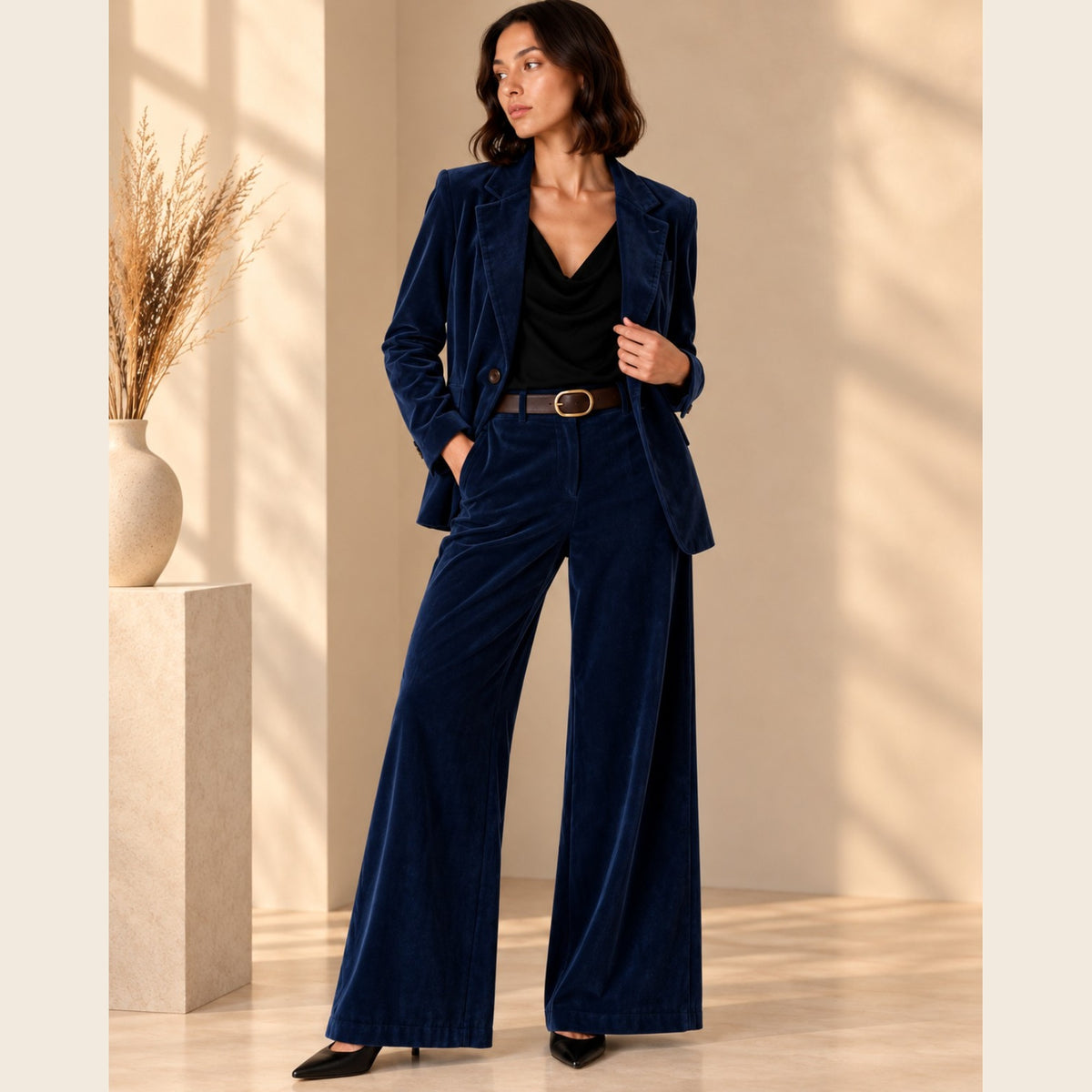 PANTALON PALAZZO EN VELOUR AVEC CEINTURE BLEU