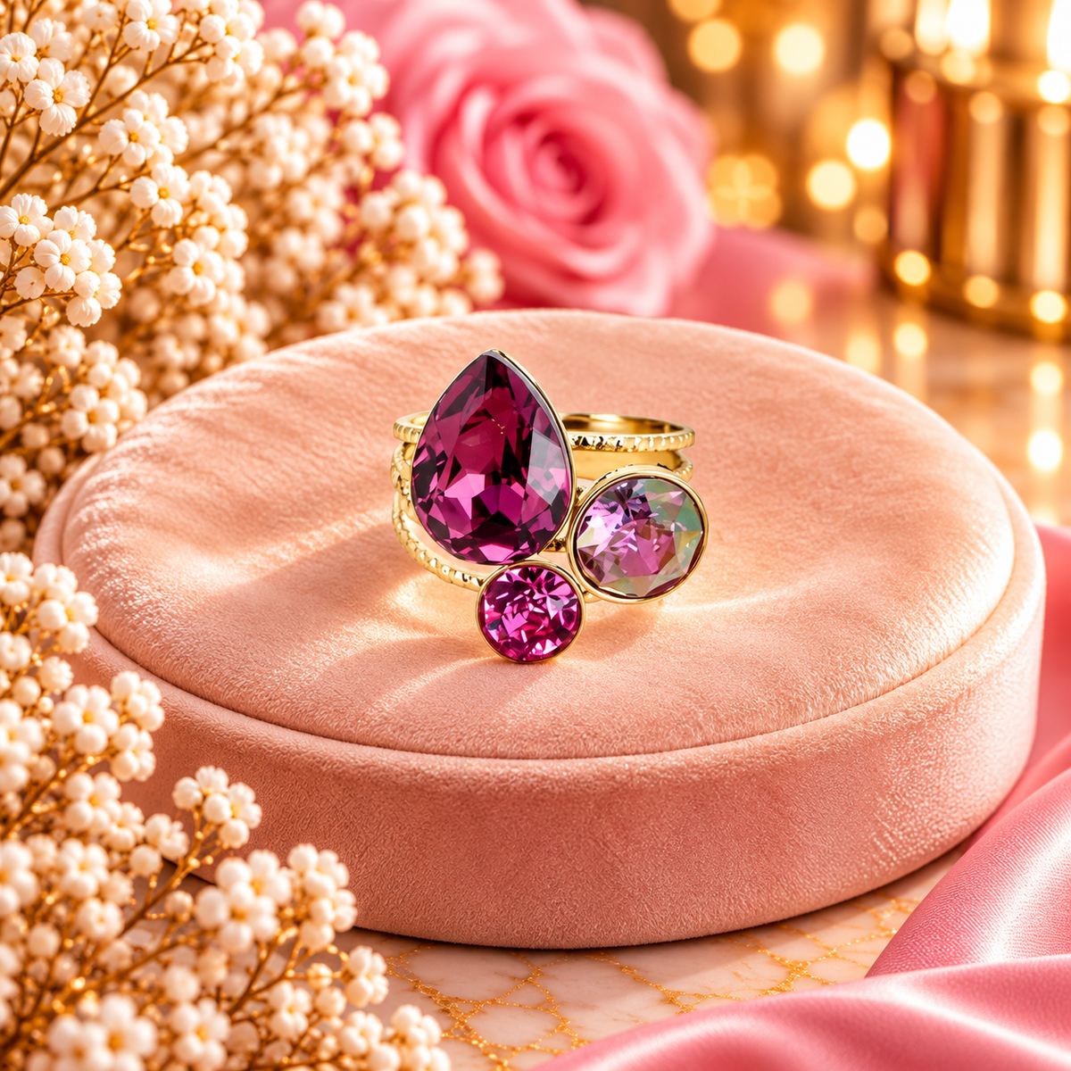 Bague Trilogie goutte - ornée de cristaux de Swarovski® MAUVE