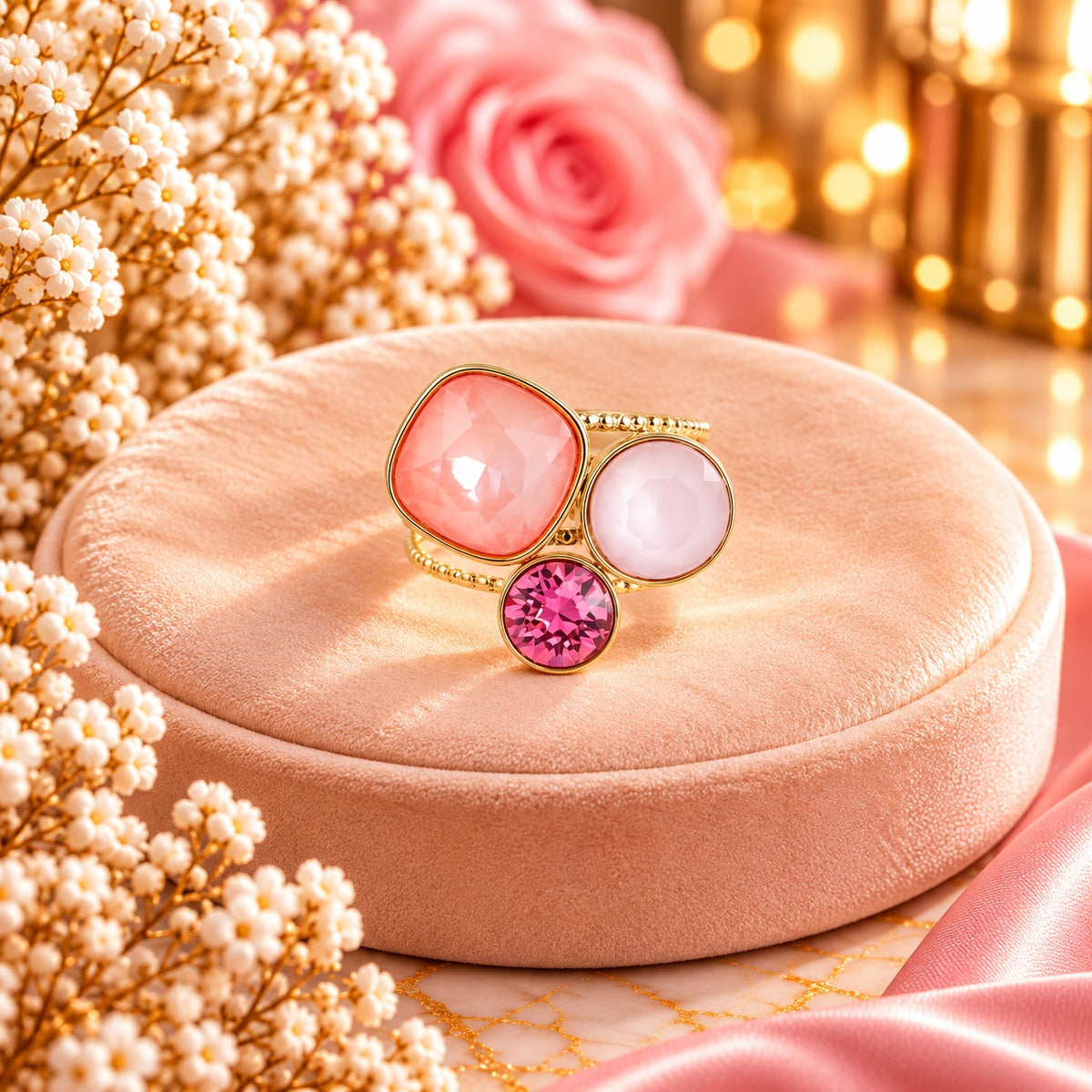 Bague trilogie dorée ornée de cristaux de Swarovski® SAUMON