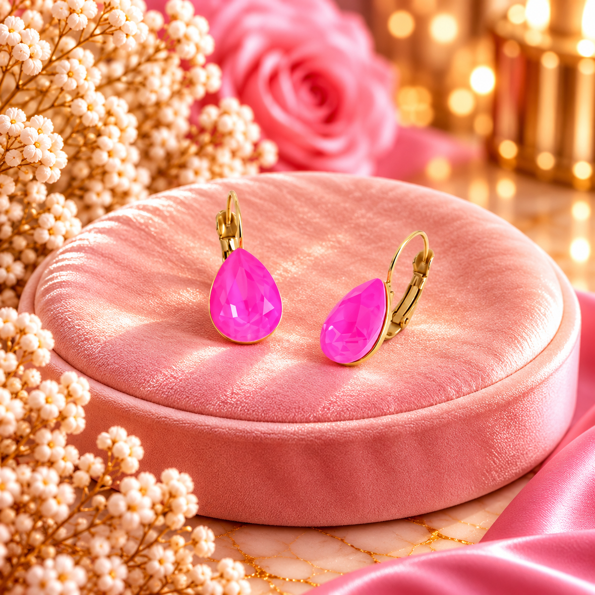Boucles dormeuses Bertille dorées - goutte - ornées de cristaux de Swarovski® FRAMBOISE