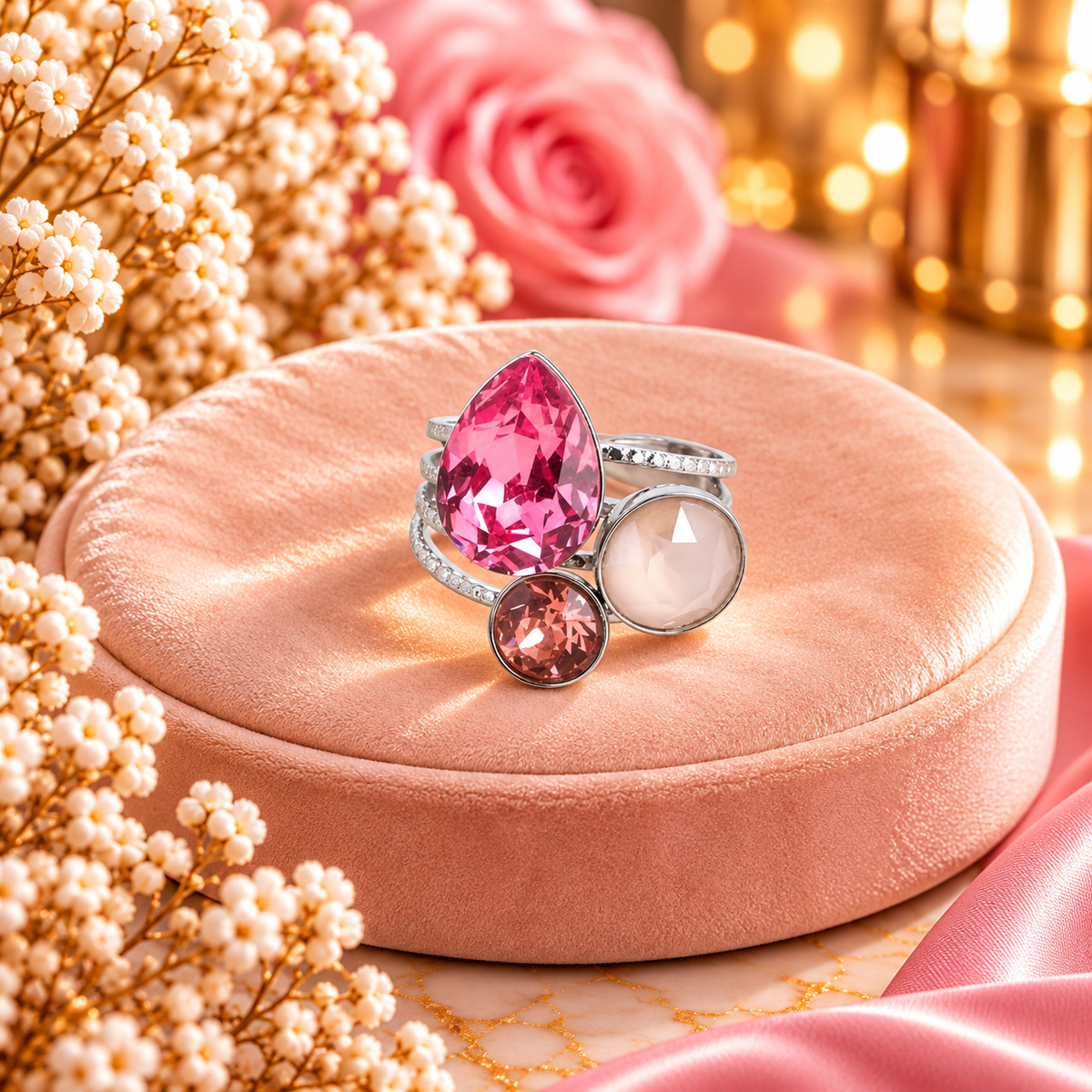 Bague Trilogie goutte argentée - ornée de cristaux de Swarovski® ROSE