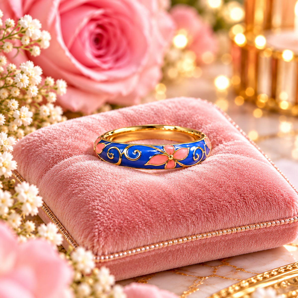 BAGUE CLEOPATRE BLEUE FLEURS ROSES