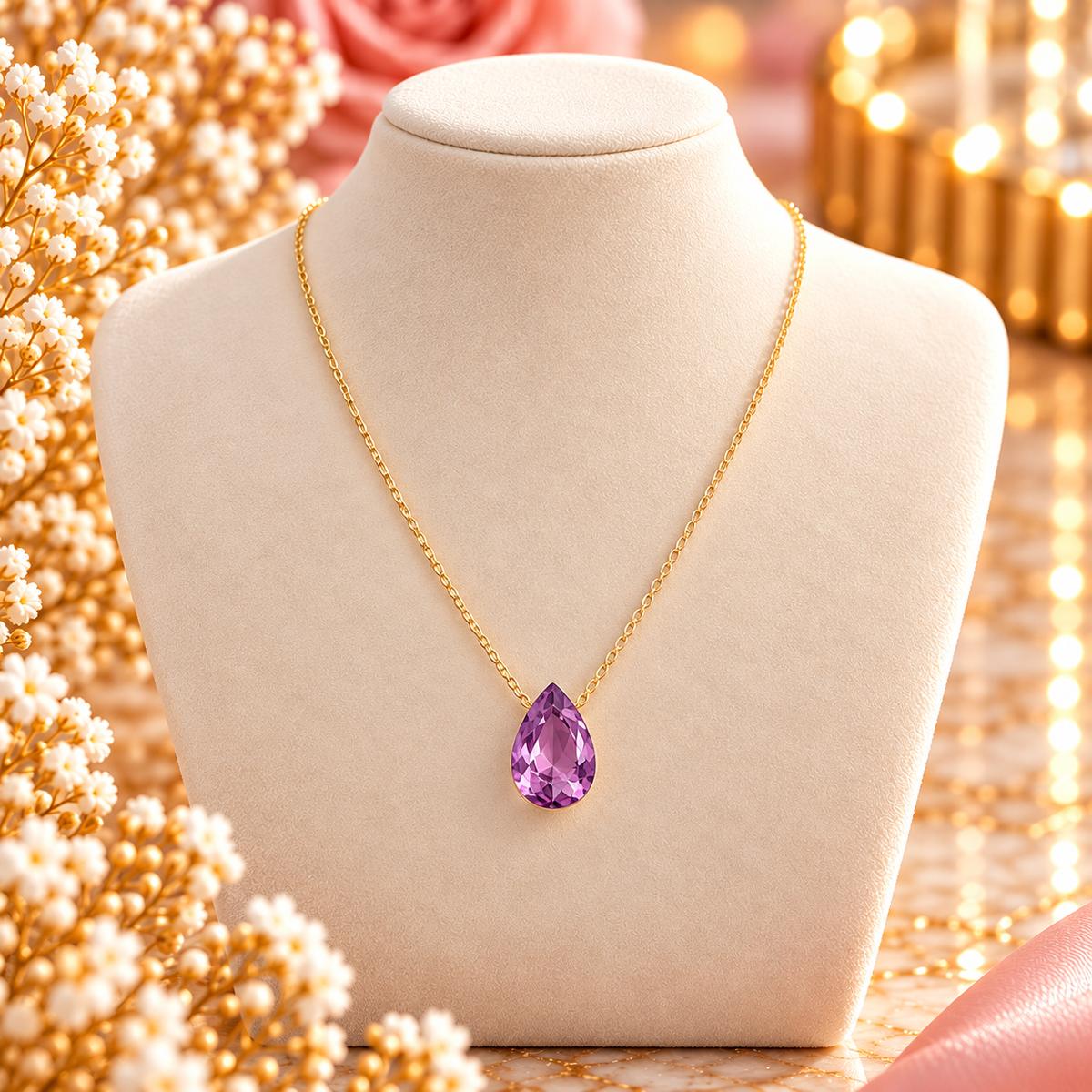 Collier Bertille doré - orné de cristaux de Swarovski® - forme goutte MAUVE