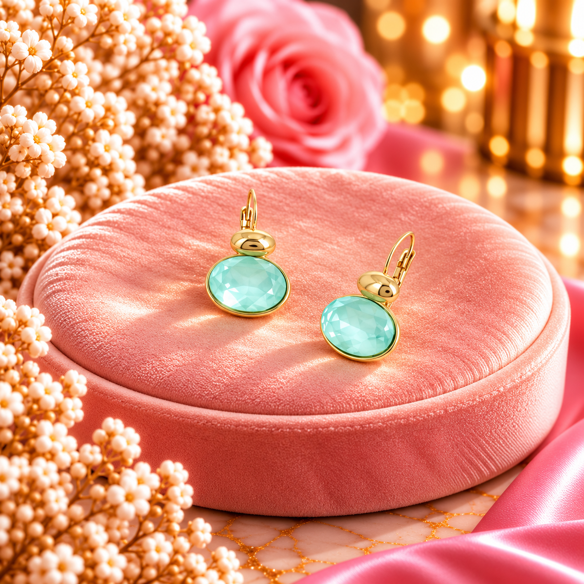 Boucles Vivine dorées - ornées de cristaux de Swarovski® VERT D'EAU