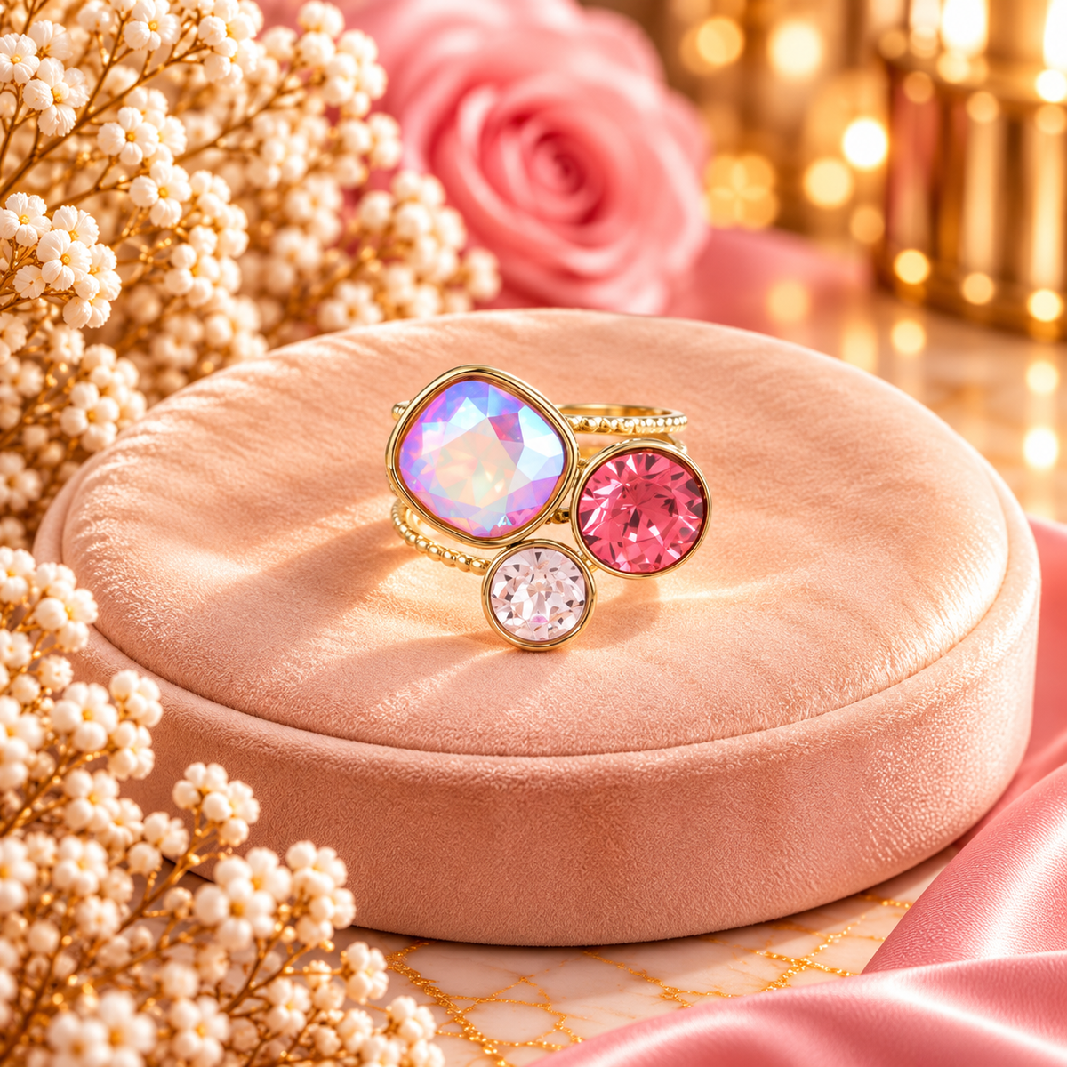 Bague trilogie dorée ornée de cristaux de Swarovski® FRAMBOISE