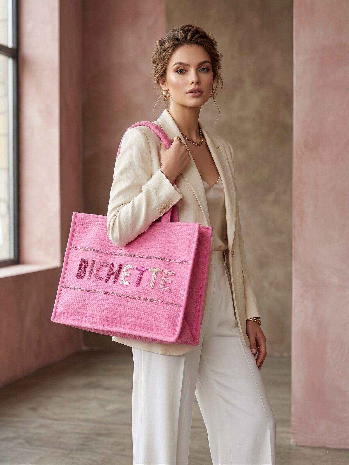 SAC CABAS BICHETTE ROSE 100% COTON