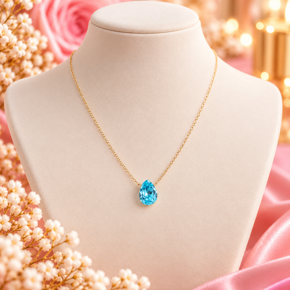 Collier Bertille doré - orné de cristaux de Swarovski® - forme goutte TURQUOISE