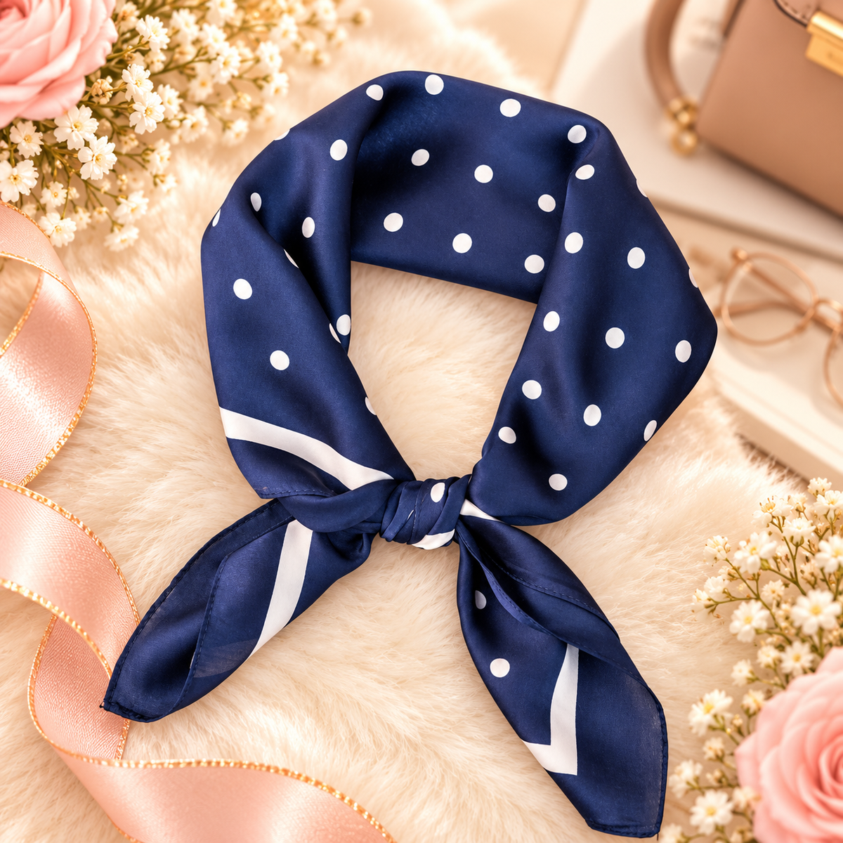Foulard Bleu Marine à petit Pois 70 x 70