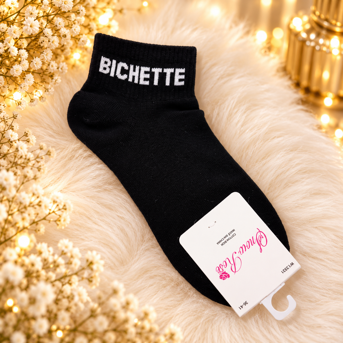 Chaussettes courtes à message " BICHETTE" NOIR
