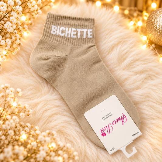 Chaussettes courtes à message " BICHETTE" BEIGE