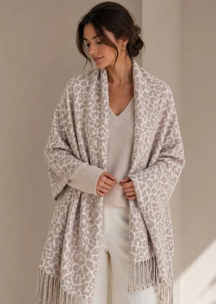 ECHARPE LEOPARD A FRANGES BEIGE