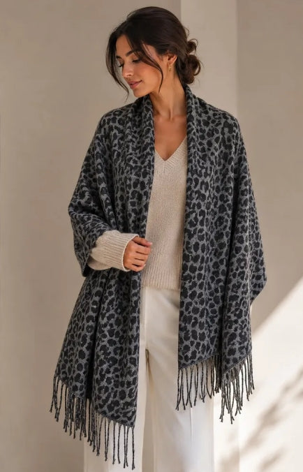 ECHARPE LEOPARD A FRANGES BRUN