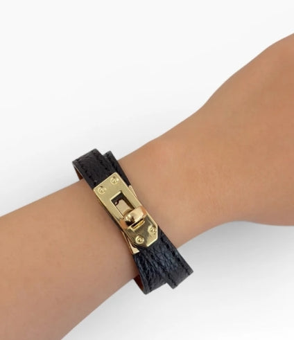 BRACELET DOUBLE TOUR EN CUIR NOIR