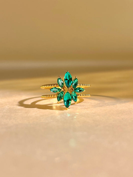 Bague ajustable en acier inoxydable avec cristal vert élégant