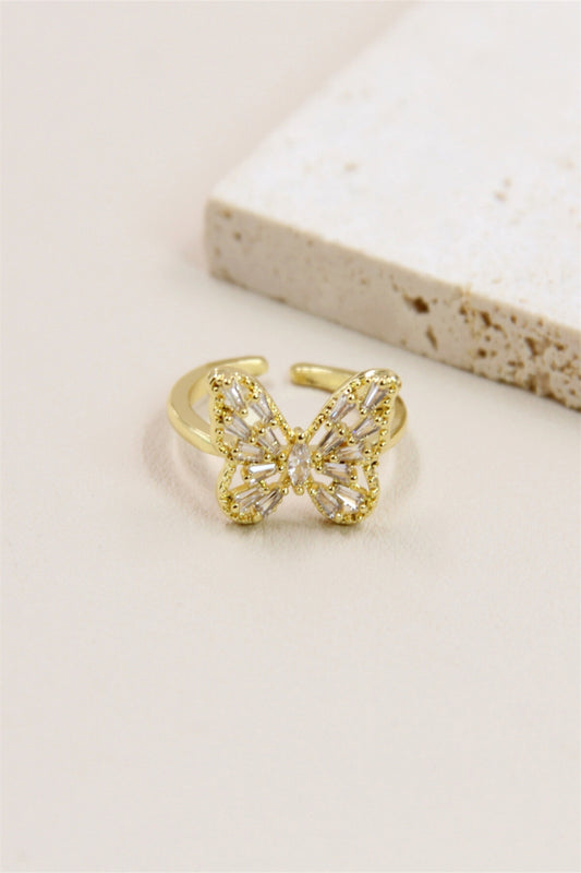 Bague Ajustable Papillon Ornée de Strass en Acier Inoxydable dorée