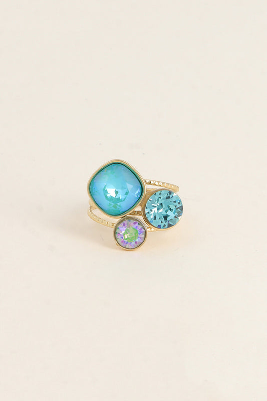 Bague trilogie dorée ornée de cristaux de Swarovski® Cyan
