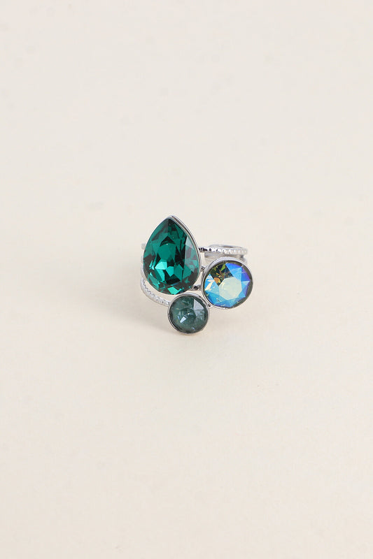 Bague Trilogie goutte argentée - ornée de cristaux de Swarovski® VERT CANARD