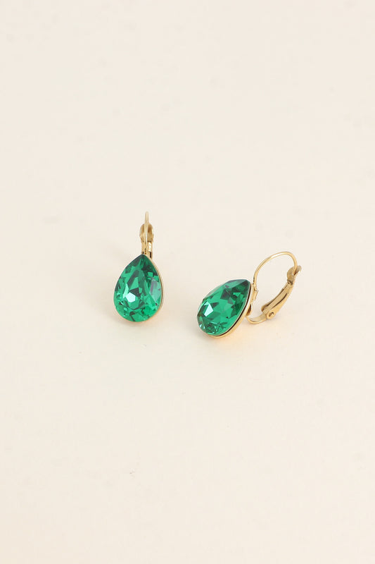 Boucles dormeuses Bertille dorées - goutte - ornées de cristaux de Swarovski®  VERT FONCE