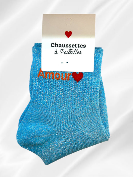 Chaussettes à paillettes “ Amour “ bleu