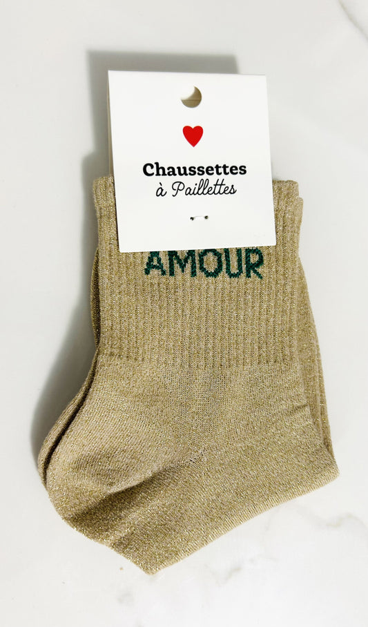 Chaussettes à paillettes “ Amour “ doré