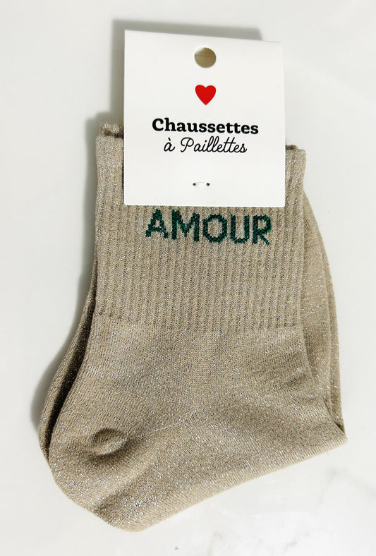 Chaussettes à paillettes “ Amour “ taupe