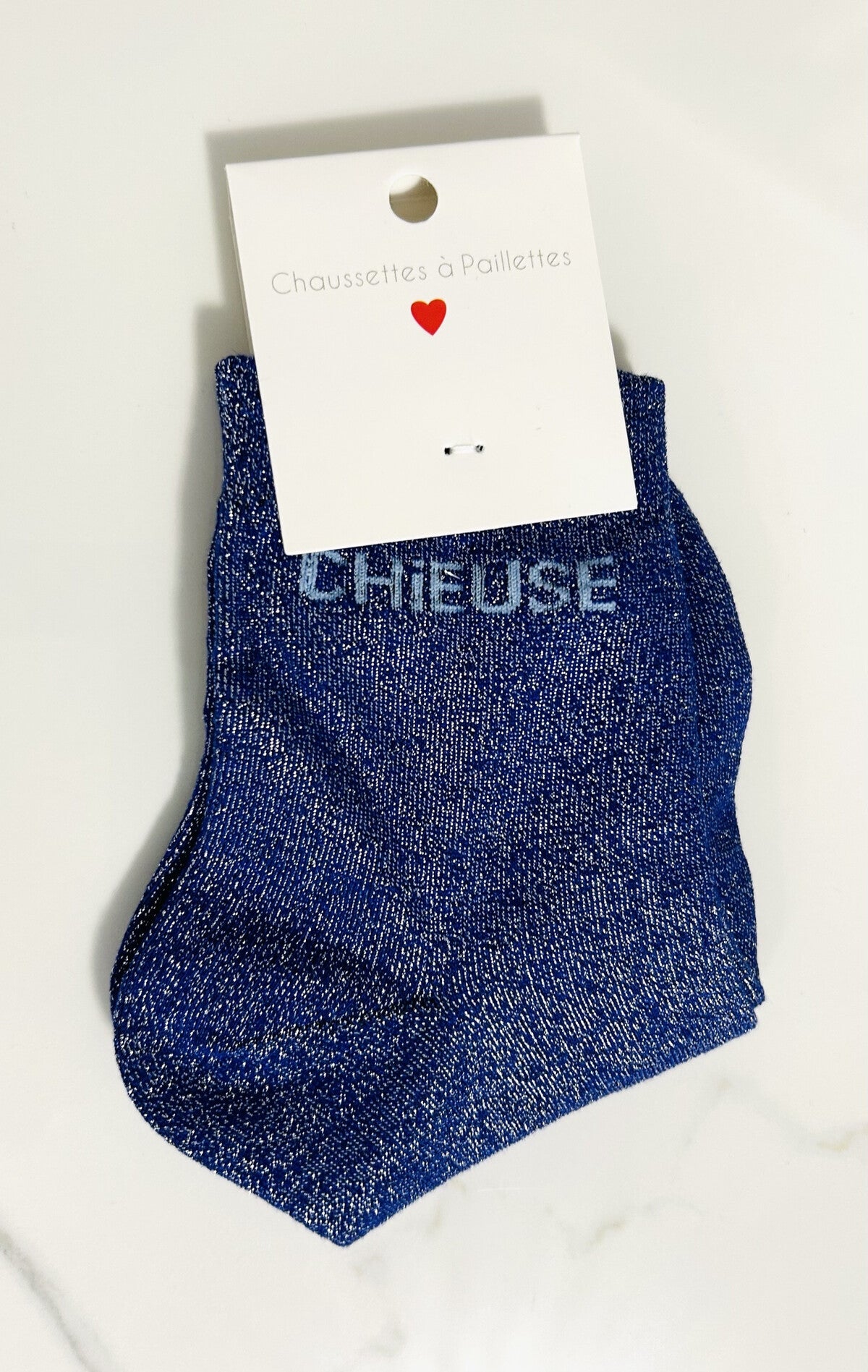 Chaussettes à paillettes “ CHIEUSE “ bleu