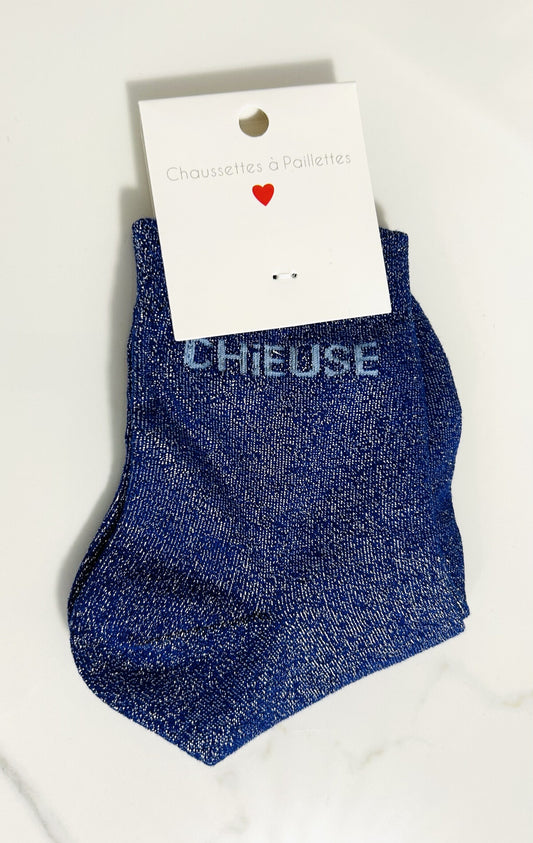 Chaussettes à paillettes “ CHIEUSE “ bleu