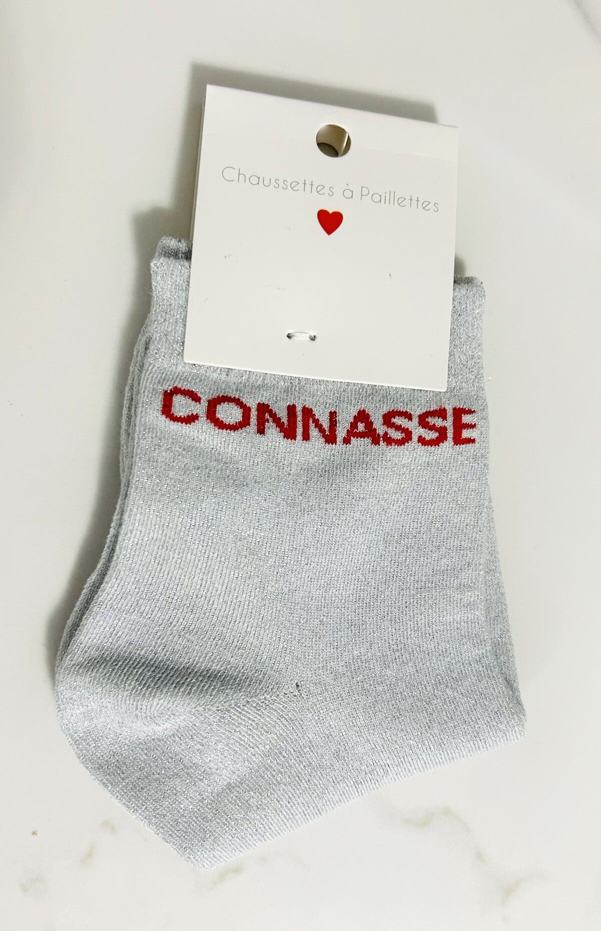 Chaussettes à paillettes “CONNASSE “ gris clair