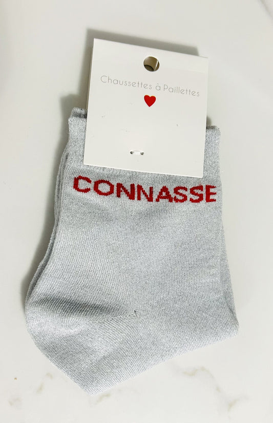 Chaussettes à paillettes “CONNASSE “ gris clair