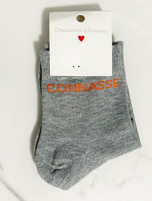 Chaussettes à paillettes “CONNASSE “ gris