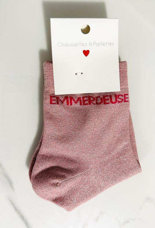 Chaussettes à paillettes “ EMMERDEUSE “ rose