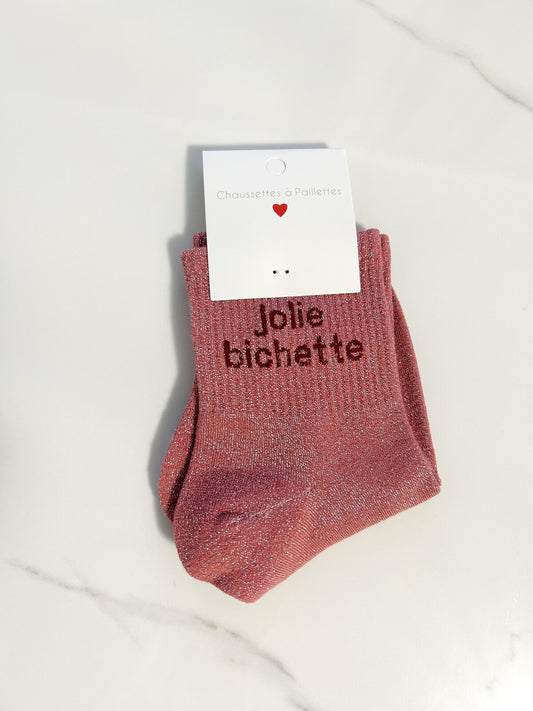 Chaussettes à paillettes “ JOLIE BICHETTE “ rose