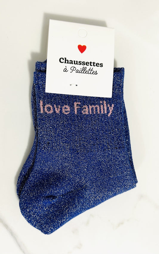 Chaussettes à paillettes “ LOVE FAMILY “ bleu
