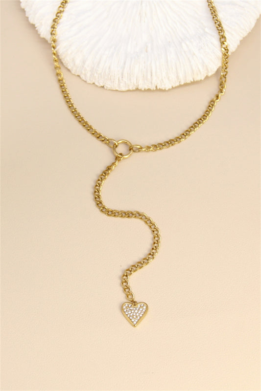 Collier doré en Y – Chaîne épaisse & pendentif cœur strassé