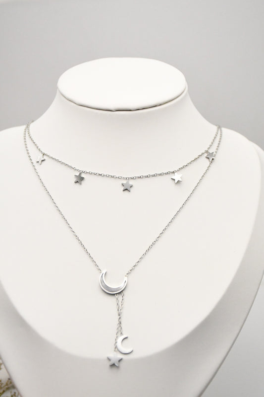 COLLIER DOUBLE CHAINES LUNES ETOILES argenté