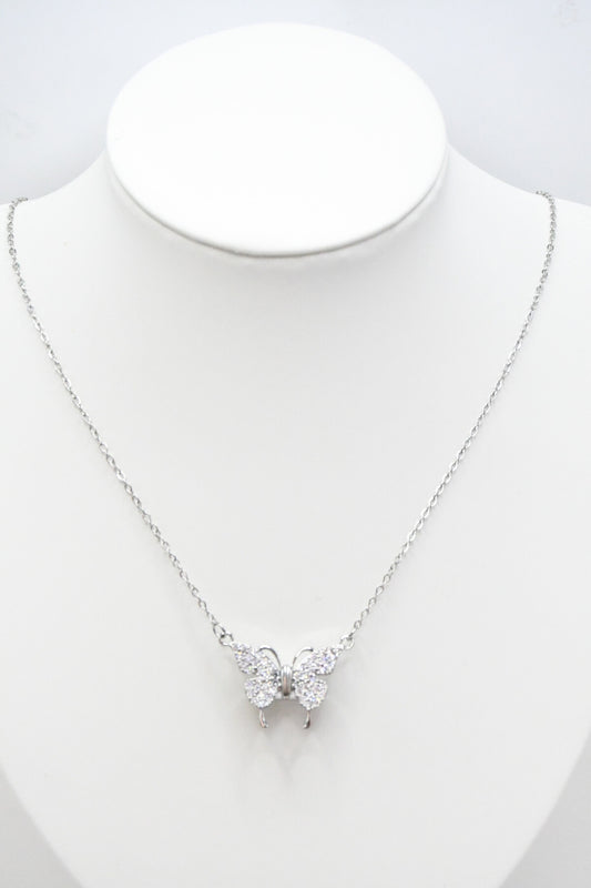 Collier papillon et strass argenté