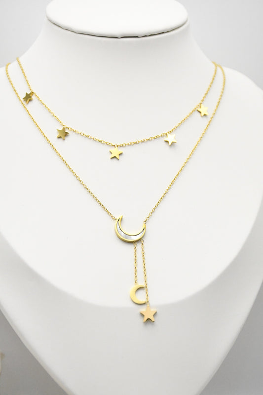 COLLIER DOUBLE CHAINES LUNES ETOILES doré