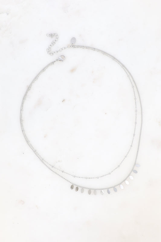 Collier Erika - 2 rangs, chaîne avec boules et pampilles ovales plates argenté