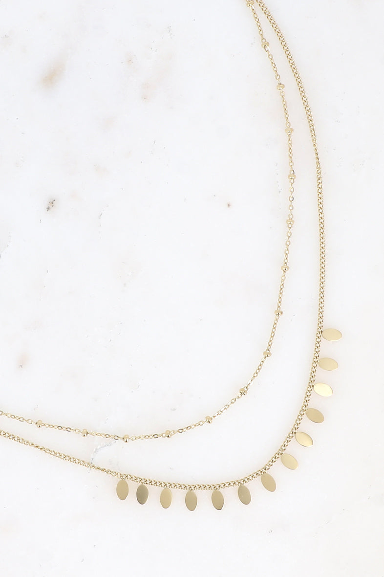 Collier Erika - 2 rangs, chaîne avec boules et pampilles ovales plates doré