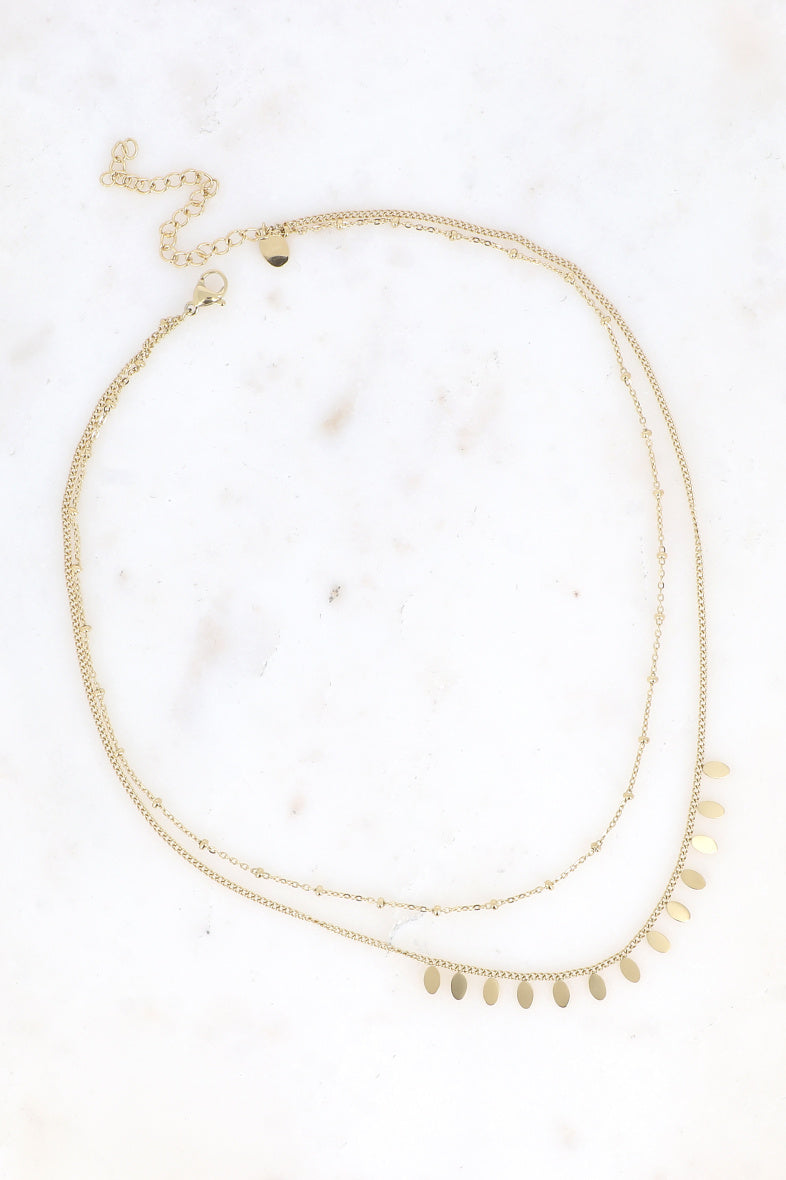 Collier Erika - 2 rangs, chaîne avec boules et pampilles ovales plates doré
